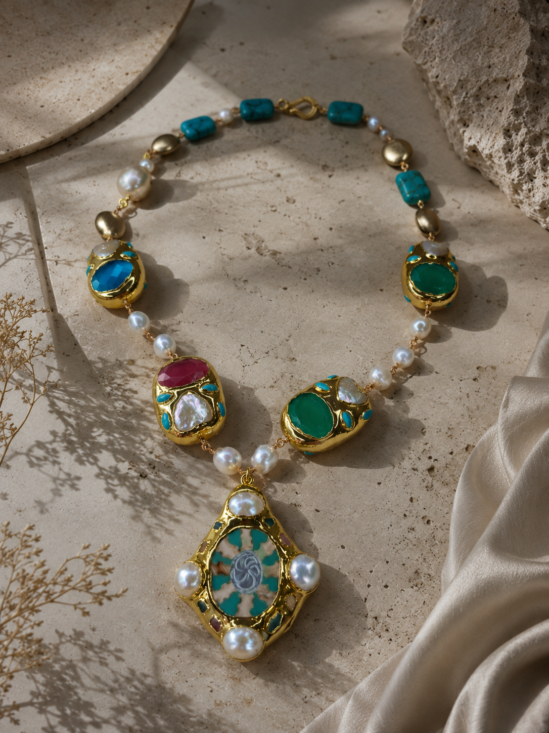 Elysian Tide Necklace — turquoise and baroque pearl statement necklace — WildBa
