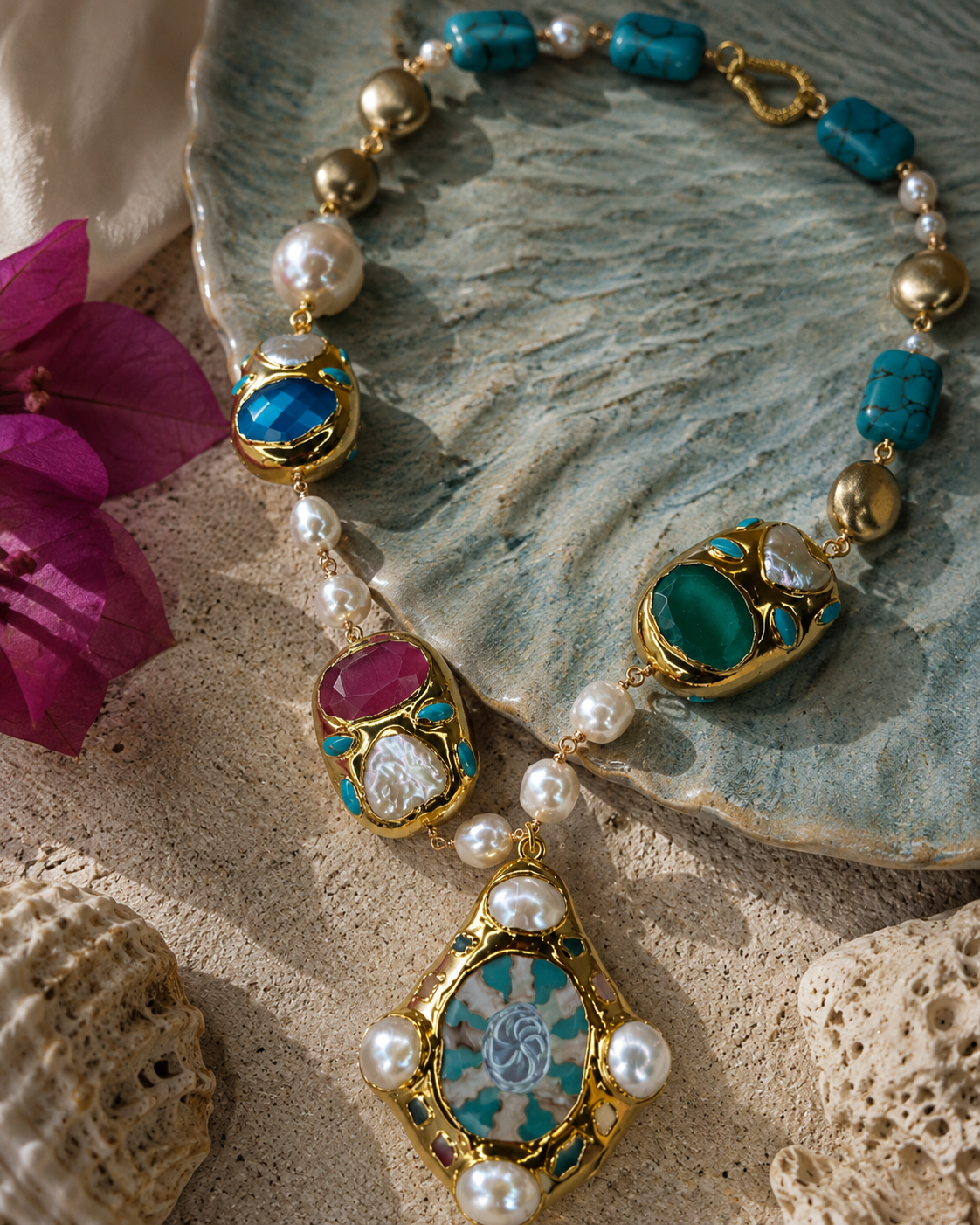 Elysian Tide Necklace — turquoise and baroque pearl statement necklace — WildBa