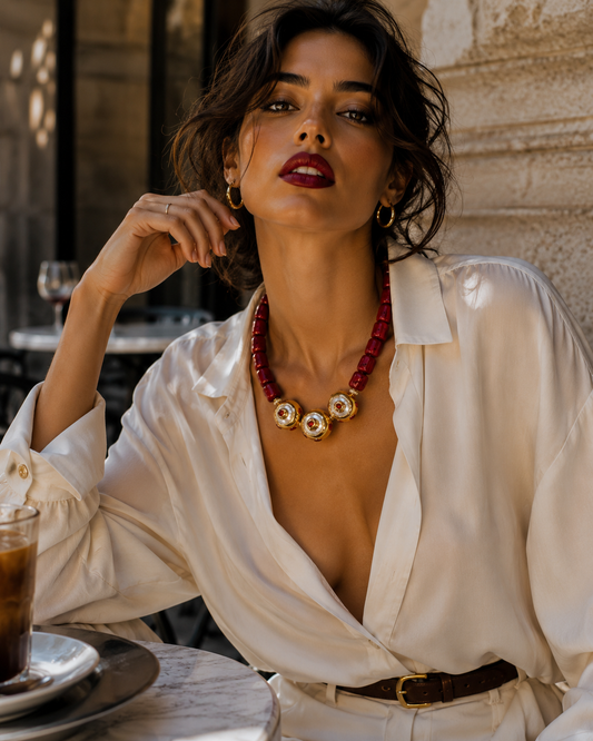 The Red Room Necklace — dramatic coral necklace styled on model — WildBae